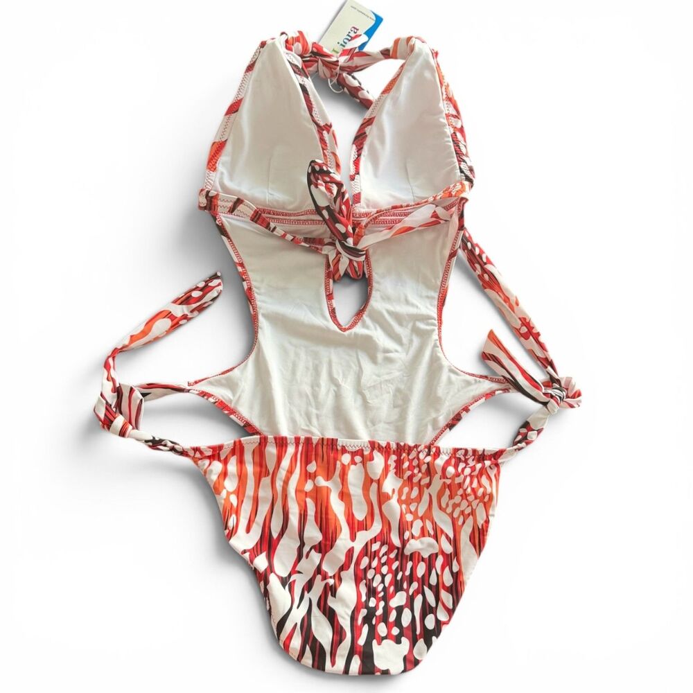 NWT LIORA 1-Pc Cutout Tie Back S Side Monokini Halter Plunge Slimming Swimwear